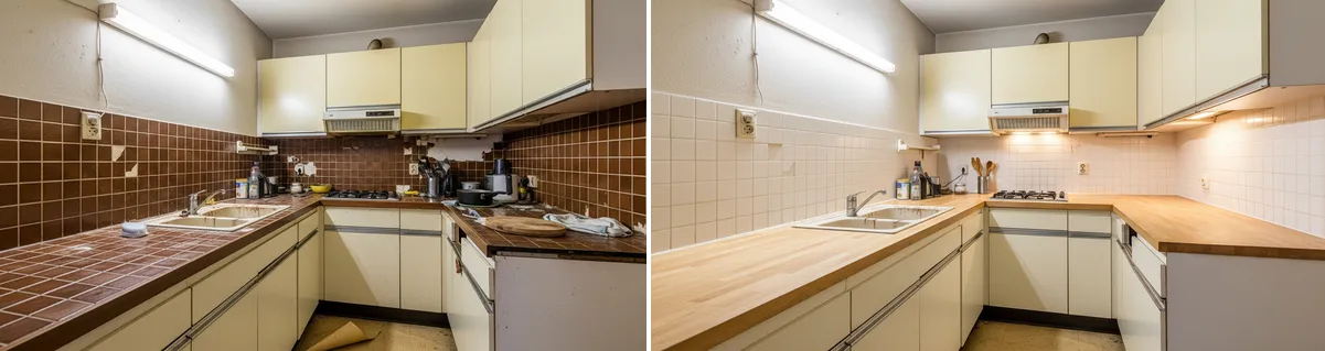 Avant apres covering cuisine carrelage marron vers style scandinave blanc bois