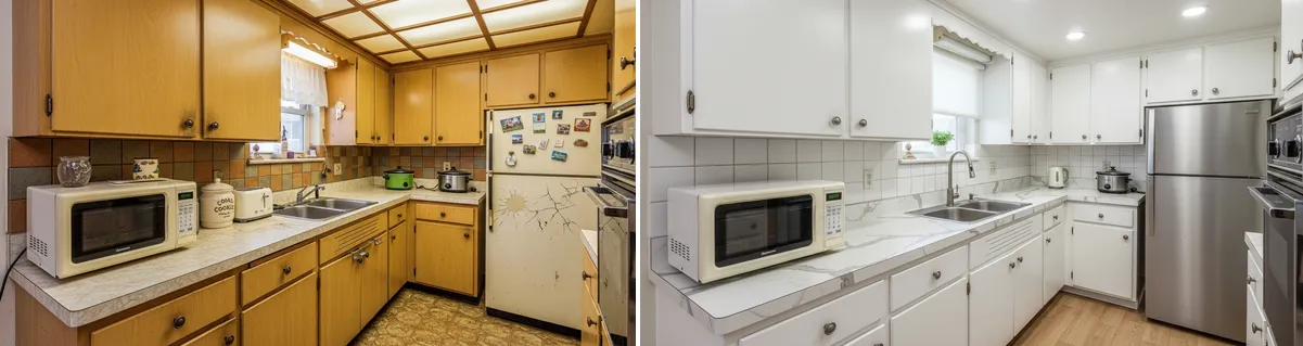 Avant apres covering cuisine formica annees 80 vers blanc moderne