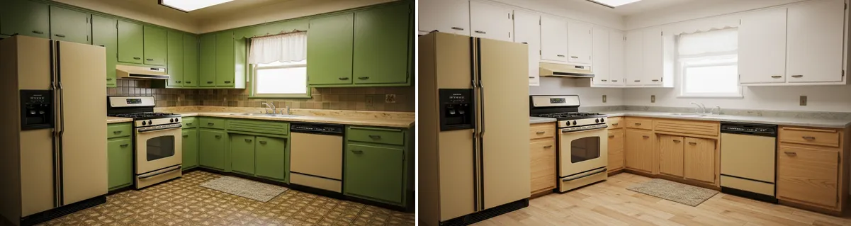 Avant apres covering cuisine vert avocat annees 70 vers style japandi bois chene