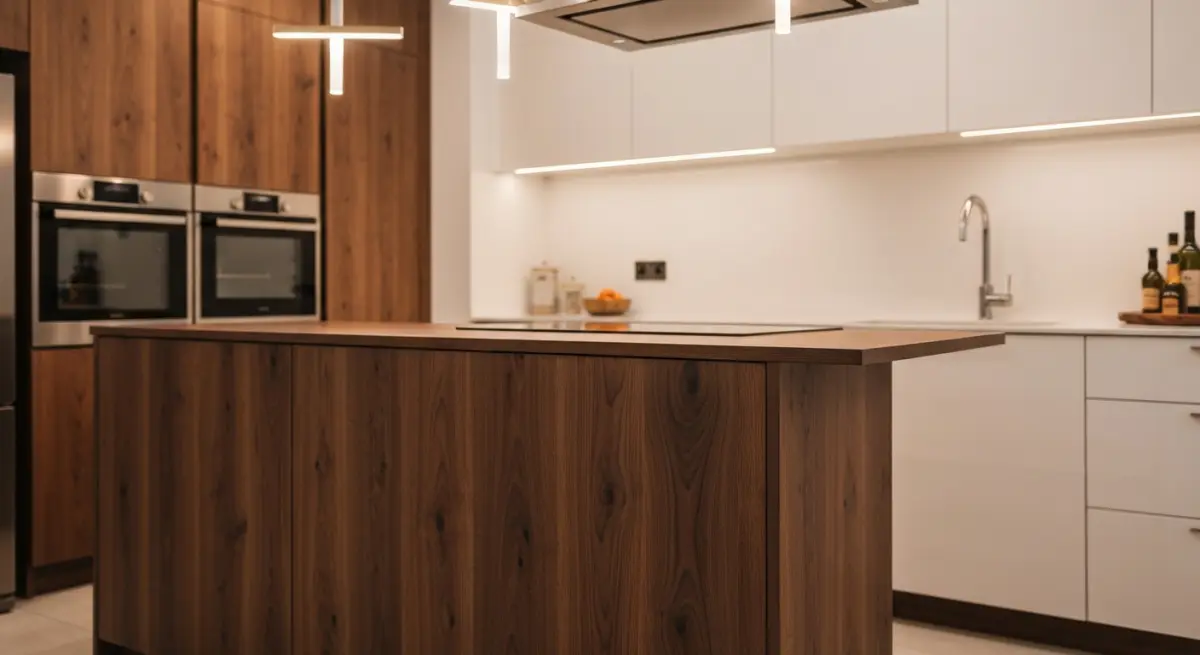 Ilot central cuisine avec covering bois fonce et meubles noir mat