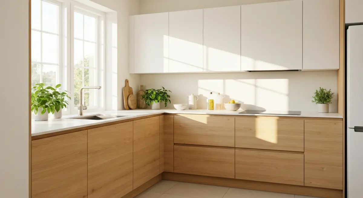 Cuisine scandinave avec covering bois clair sur meubles bas