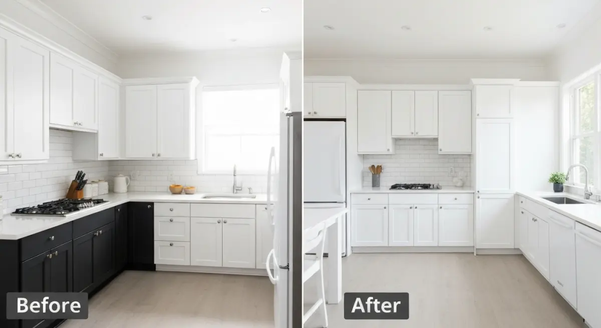 Cuisine renovee avec covering adhesif blanc sur les facades